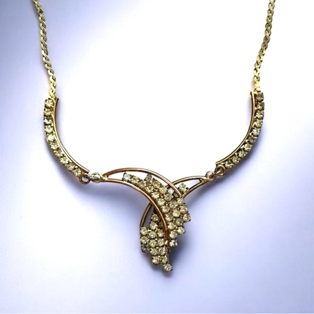 Vintage Gold Tone Rhinestone Statement Necklace Bridal Coquette Glam Choker 17in
